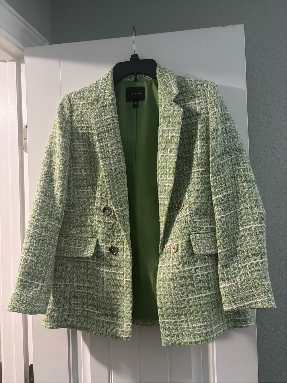 The Limited Light Green Tweed Double-Breasted Blazer